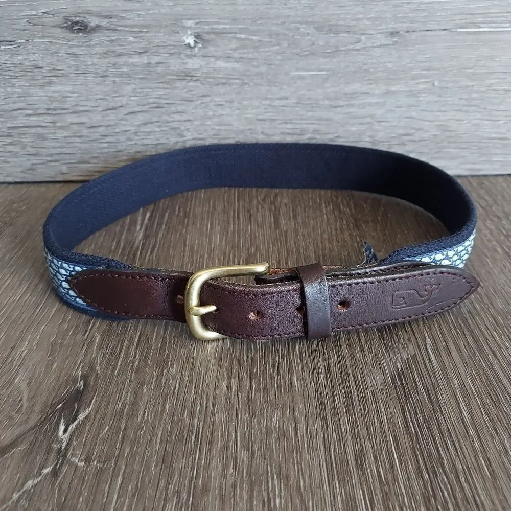 Vineyard Vines Navy Blue Belt Logo Whales Brass Buckle Size 26